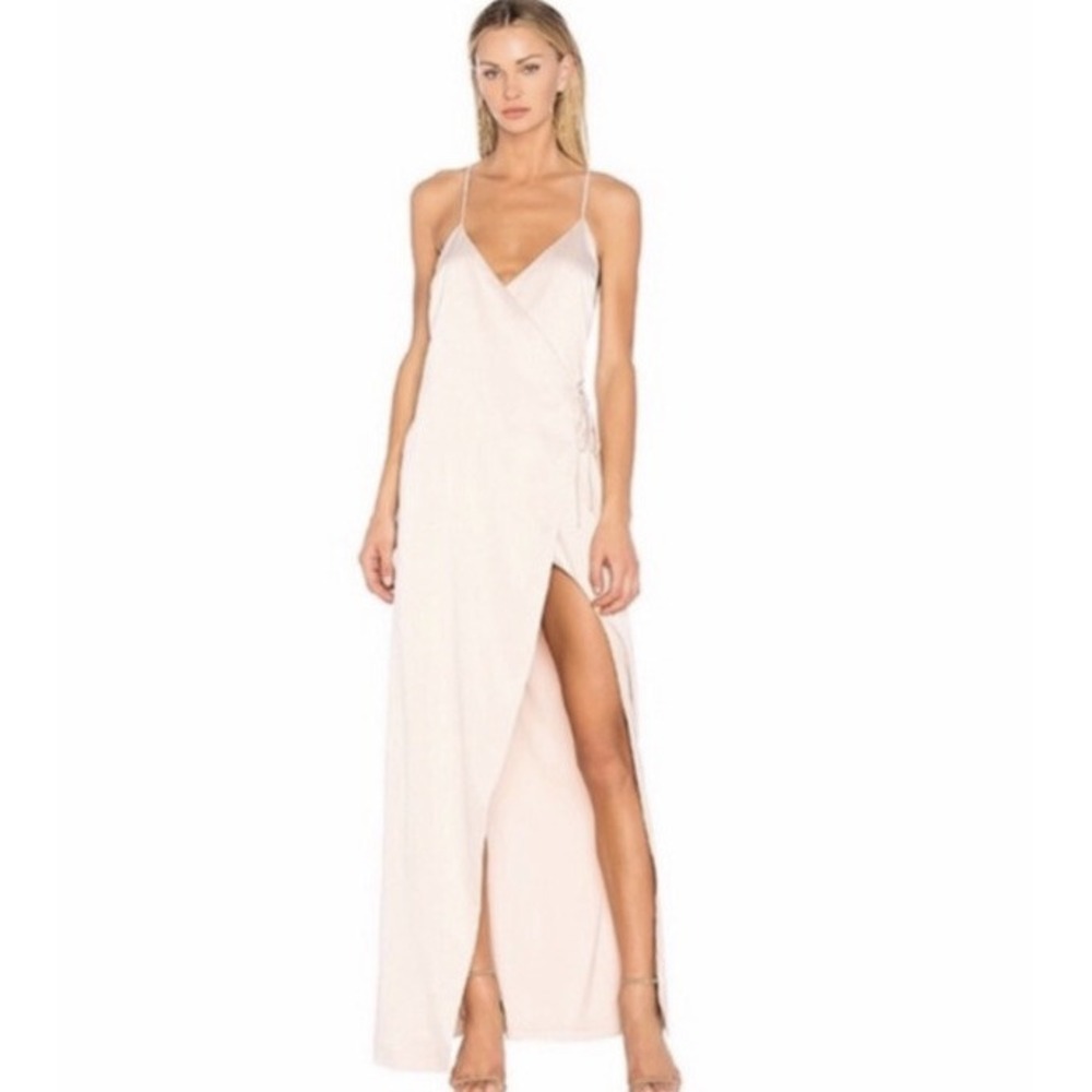 NBD satin  Maxi Dress Evening Gown Champagne Blush  Slit S Revolve Stunning New